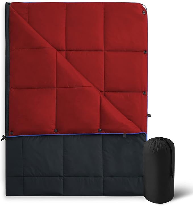 UNIKOME Waterproof Puffy Camping Blanket - Lightweight Packable Outdoor Quilt with Snaps &amp Corner Loops Warm Compact Blanket for Cold Weather Hiking Picnic Stadium Travel 75×52 Black&ampRed