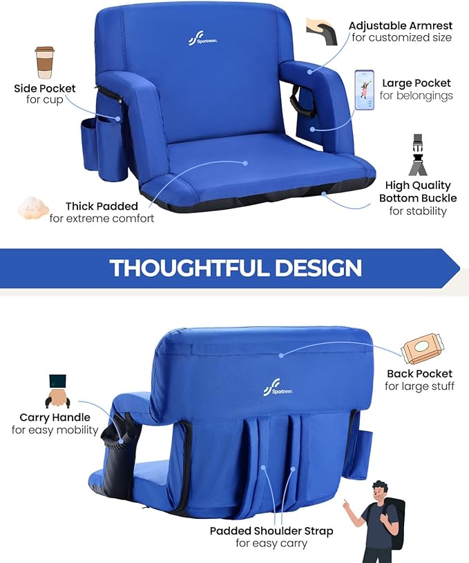 Sportneer Stadium Seats with Back Support: 2.5'' Thick Comfy Cushion 6 Adjustable Angle Bleacher Seat with Armrest - 2 Large Pockets 2 Cup Holders Stadium Chair for Sport Events Concerts Parks