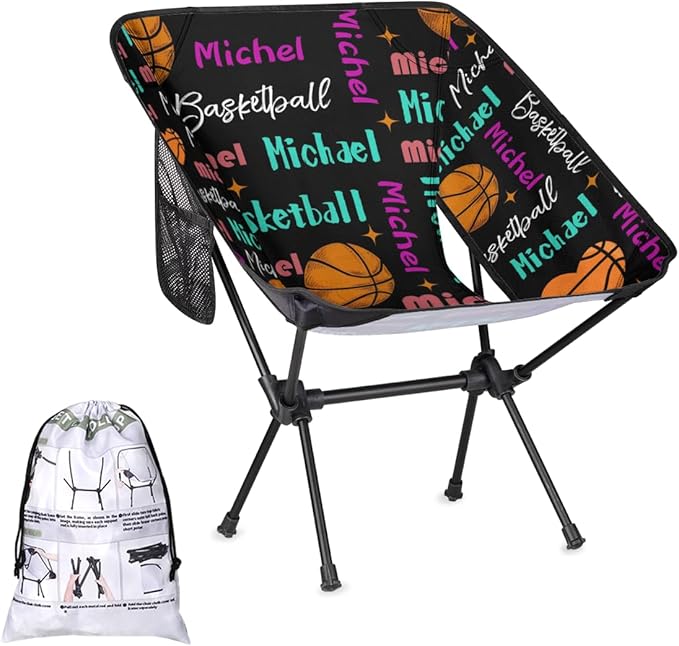 Custom Camping Chair Personalized Portable Backpacking Chair with Name Lightweight Folding Chair for Beach Hiking Basketball Theme