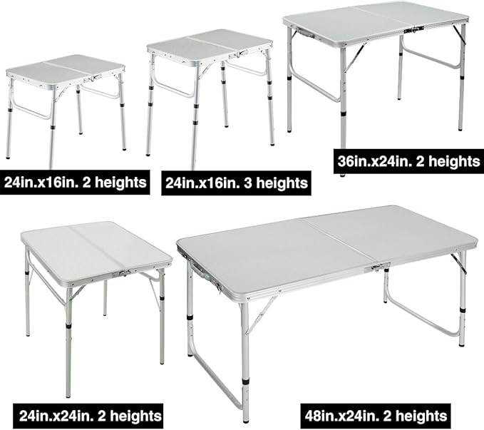 REDCAMP Small Camping Table 2 Foot Portable Aluminum Frame Folding Table Adjustable Height Lightweight for Picnic Beach Outdoor Indoor White 24 x 16 inch (3 Heights)