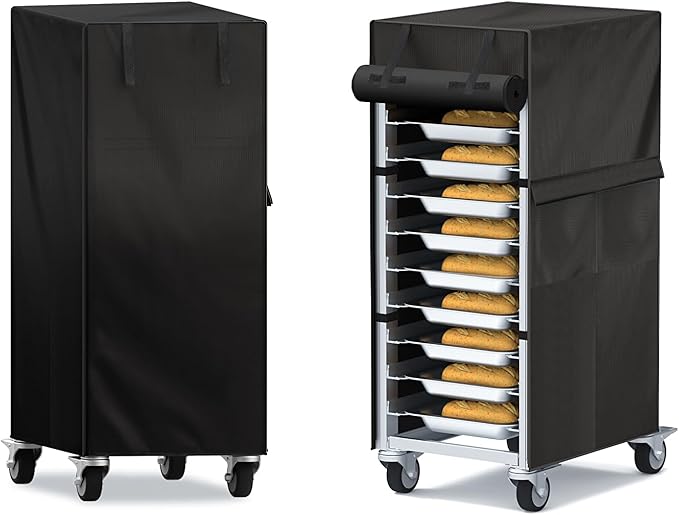 Speed Rack Cover 10-Tier 23×28×32 – 420D Oxford Waterproof/Dustproof Bread Rack Cover with Roll-Top Door 1 Side Pocket-Commercial Bakery Bun/Sheet Pan Rack Protector Black