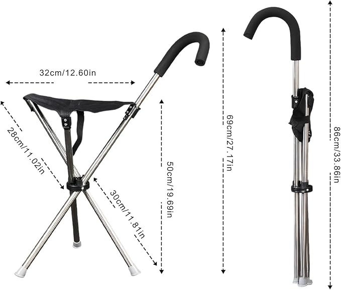 Portable Walking Stick Seat with 3-Leg Stability &amp Anti-Slip Pad for Hiking Fishing and Senior Light Weight Trekkings Rod Chair