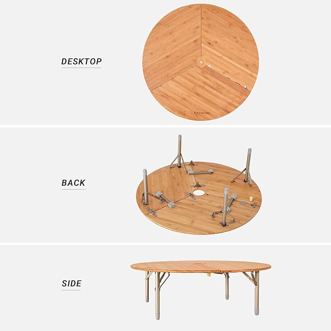 KingCamp Bamboo Round Folding Table Camping Table for Teepee Bell Tent 3 Fold Portable Camp Table with Heavy Duty Adjustable Height Aluminum Leg for Camping Picnic Indoor &amp Outdoor Card Game Dinni