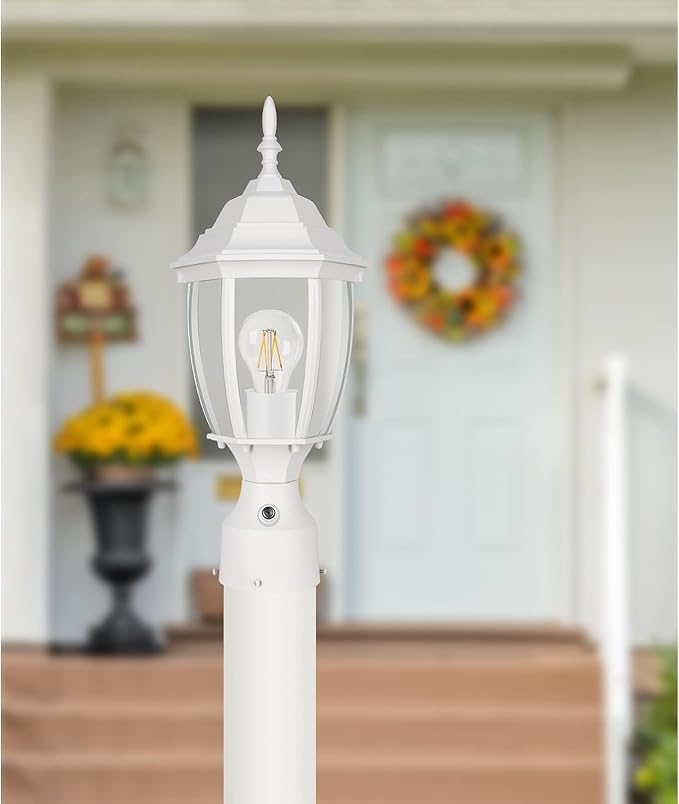 PARTPHONER Dusk to Dawn White Outdoor Post Light with Pier Mount Base Waterproof Pole Lantern Light Fixture Exterior Lamp Post Lantern Head with Clear Glass Panels for Garden Patio Pathway