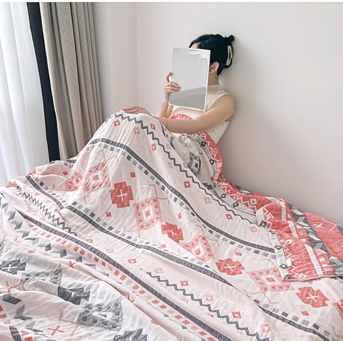 ITFRO Boho Cooling 3 Layer Cotton Muslin Blanket for Hot Sleepers Twin Size 60x80 Inches Lightweight Breathable Reversible Summer Camping Blanket All Seasons for Couch Sofa Bed (Boho Pink 60x80)