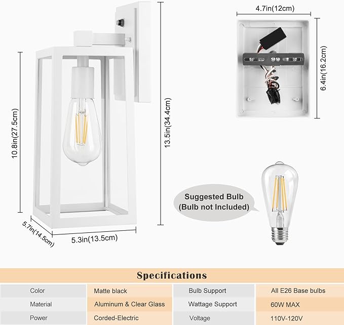 Dusk to Dawn Outdoor Lighting Fixtures Wall Mount Sensor Exterior Wall Lights for House Anti Rust Porch Light White Sconce Lamp Waterproof Wall Lantern for Doorway Garage 2-Pack