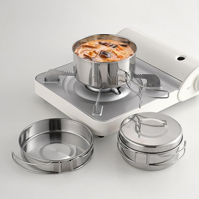 Stainless Steel Camping Cookware Set Portable 4pcs Pot Pan with Foldable Handles Easy-Clean Outdoor Cooking Utensils for Hiking and Backpacking