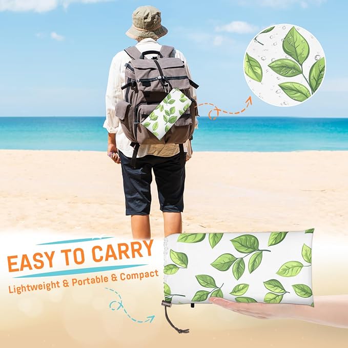 Waterproof Sandproof Beach Blanket 59''×68'' Elliptic Leaves Polyester Outdoor Picnic Blanket with 4 Stakes &amp Storage Bag for BeachCampingVacation White