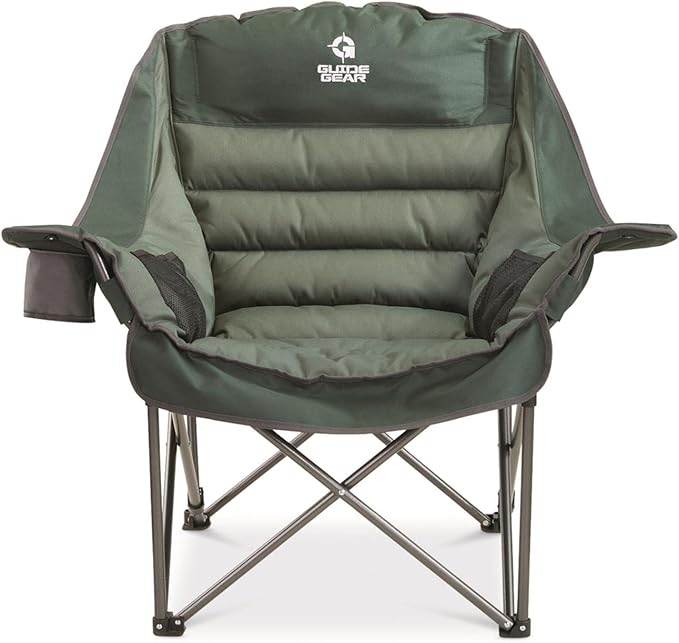 Guide Gear Oversized Extra Large Padded Camping Chair Portable Folding Large Camp Lounge Beach Chairs for Outdoor Adults Men and Women Heavy-Duty 400 Pound Capacity with Cup Holder Green