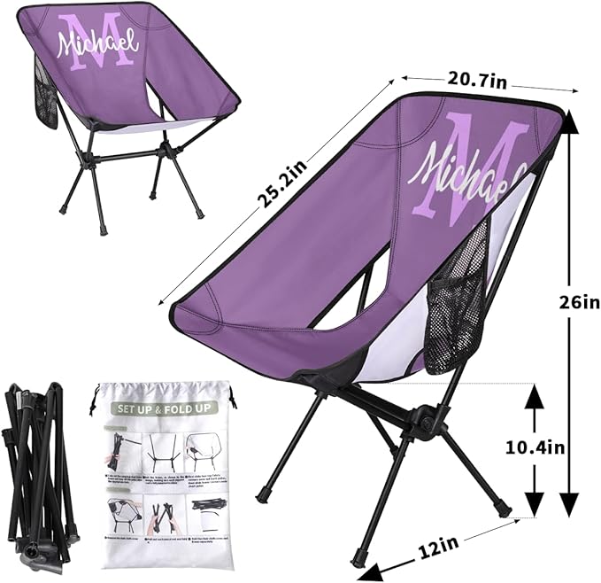 Custom Purple Portable Camping Chair Personalized Backpacking Chair with Name Lightweight Foldable Chairs for Hiking Beach