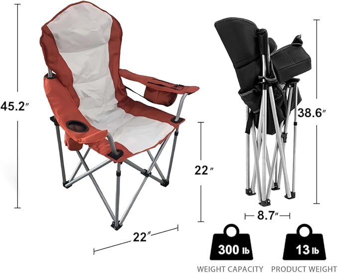 Wild Scape Oversized Folding Camping Chair Foldable Beach Chairs for Adults with Cup Holder Cooler Pocket Storage Bag Heavy Duty Portable Fishing Chair for Outdoor Garden Picnic (Orange-red)