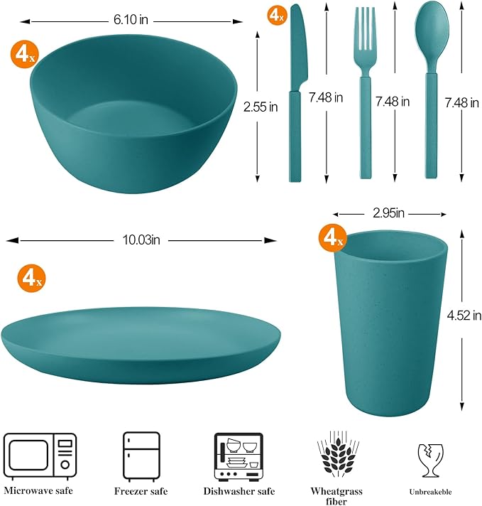 24pcs Wheat Straw Dinnerware Sets Wheat Straw Plates and Bowls Sets for 4 Microwave Dishwasher Safe Lightweight （Green）