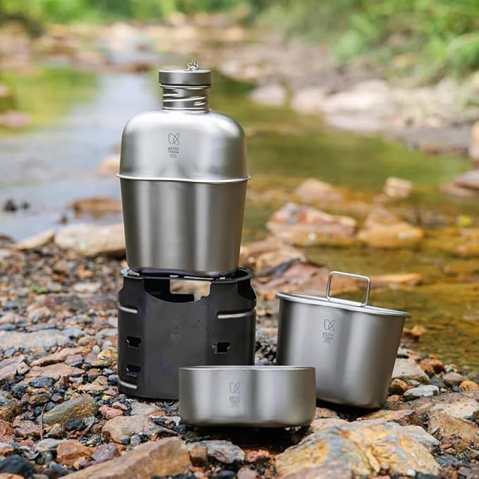 Keith Titanium Ti3061 Pro Plastic-Free Canteen Mess Kit with Stove – Grade 1 Titanium Cookset 37 oz Bottle 24 oz &amp 13.5 oz Cups Custom MOLLE Field Carry Case with Premium Zippered Pouches
