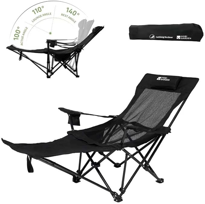MOBI GARDEN Reclining Camping Chair with Foot Rest 4-Position Adjustable Folding Lounge Chair for Adults Portable &amp Detachable Footrest – Black - Mesh Back