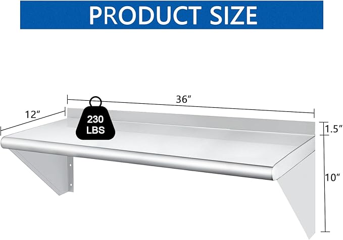HARDURA Stainless Steel Shelf 12 x 36 230lb Commercial Shelves Wall Mount Metal Shelving with Backsplash and Brackets for Kitchen Restaurant Laundry Room and Home