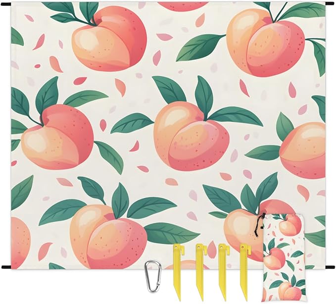 Waterproof Sandproof Beach Blanket 59''×68'' Spring Fruits Polyester Outdoor Picnic Blanket with 4 Stakes &amp Storage Bag for BeachCampingVacation Peach
