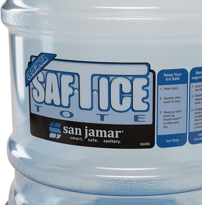 San Jamar Saf-T-Ice Plastic Ice Tote Ice Bucket with Drying and Storage Hook for Restaurants Bars Catering Events Buffets 6 Gallons Blue