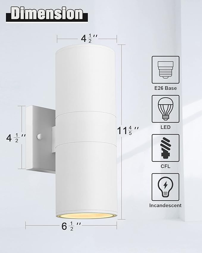 Ken &amp Ricky White Outdoor Wall Light Exterior Wall Lighting Fixtures Cylinder Outside Light Fixtures for House Garage Patio Doorway Entryway (WhiteNo Sensor1PK)