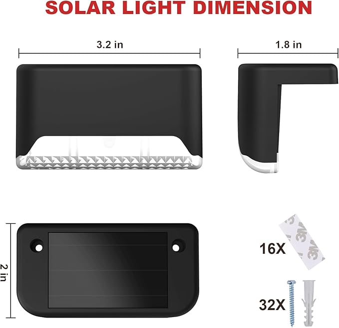 pearlstar Solar Deck Lights16 Pack Step Light Waterproof LED Stair LightsOutdoor Solar Fence Light for Deck StairsStepYardPatioand Pathway (White)Black