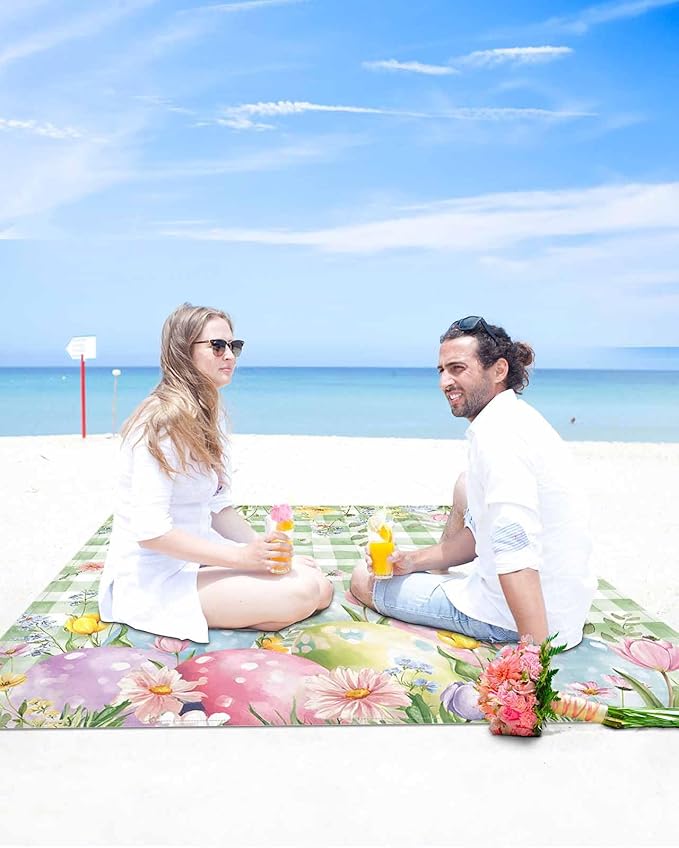 Beach Blanket Waterproof Sandproof Easter Egg Green Check Quick Drying Beach Mat with 4 Stakes Spring Flower Leaf Pastoral Style Lightweight Picnic Blanket for Travel Camping Outdoor 83x79