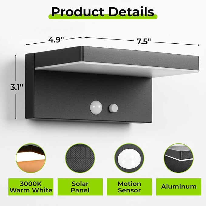 Solar Motion Sensor Outdoor Lights 2-Pack - 600 Lumen 3 Modes IP44 Waterproof Aluminum Solar Wall Address Light with 10H Runtime for Garden/Fence Black SG601020