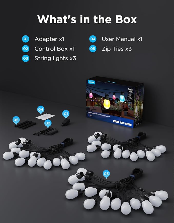 Govee S14 Bulb Outdoor String Lights 2 144ft RGBIC Smart Warm White Outdoor Lights with 15 LED Bulbs 111 Scene Modes for Outdoor Decor IP66 Compatible with Alexa Google Matter APP Control