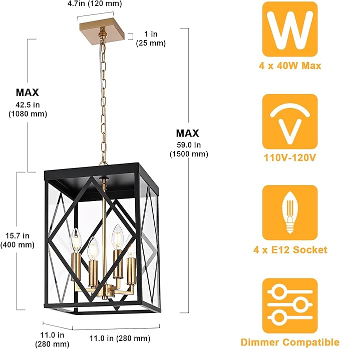 4-Light Outdoor Pendant Lights for Porch 15.7'' Outdoor Chandelier Black &amp Brushed Brass Exterior Hanging Porch Light Fixtures w/Clear Glass Waterproof Outside Pendant Lantern for Front Door