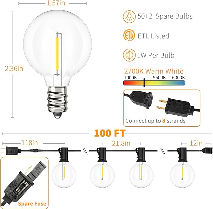 Svater Outdoor String Lights Waterproof 100 FT LED Patio Lights Outside with 52 Shatterproof G40 Bulbs Dimmable Hanging Globe Lighting for Bistro Backyard Cafe Market Porch Warm White 2700K