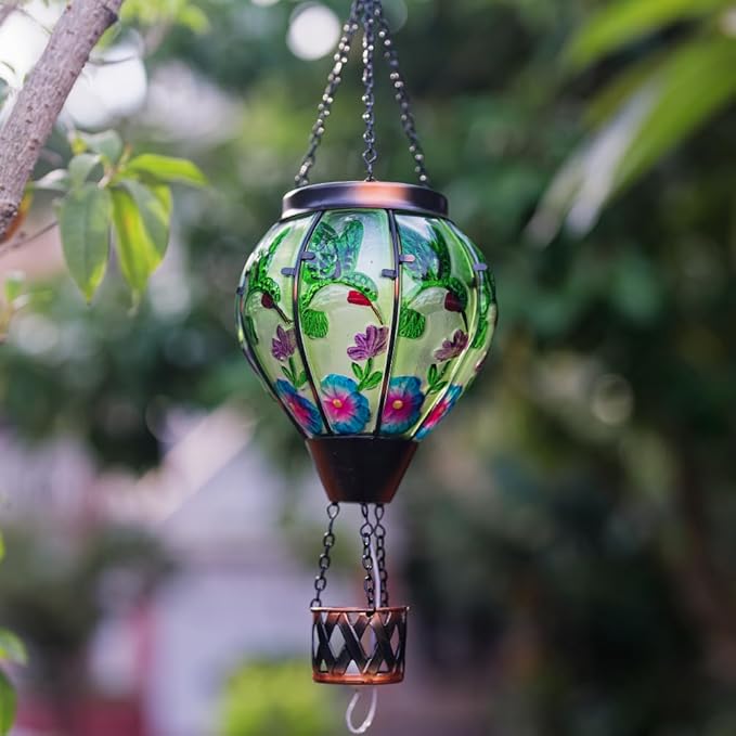 Starsoul Hummingbird Hot Air Balloon Solar Lantern with Candle Holder Glass Outdoor Solar Hot Air Balloon Flickering Flame for Lawn Porch Yard Decorations Gifts for Women Mom Grandma