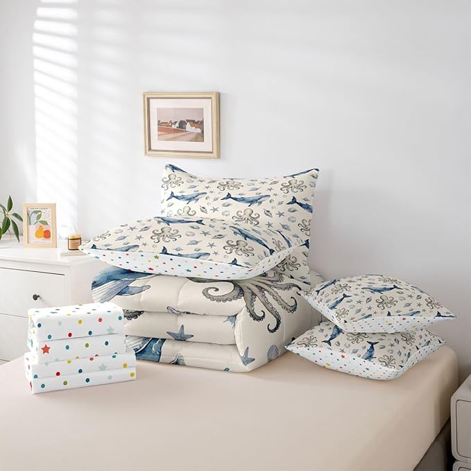 Octopus Whale Comforter Set with SheetsPillowcases &amp Cushion Cover Sealife Sea Animal 7 Piece Bedding Set for Kids Boys Girls Teens Room Decor Ocean Fish Bed in a Bag Twin Size Underwater Microfi