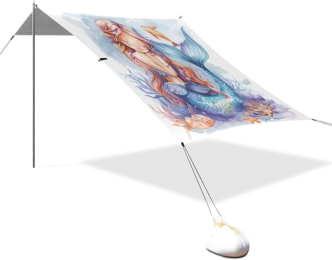 ALAZA Cartoon Mermaid Watercolor Beach Tent Sun Shelter UPF50+ Protection Beach Shade Canopy w/ 4 Sandbags for Outdoor Camping Fishing Backyard Fun Picnic 10x9 ft
