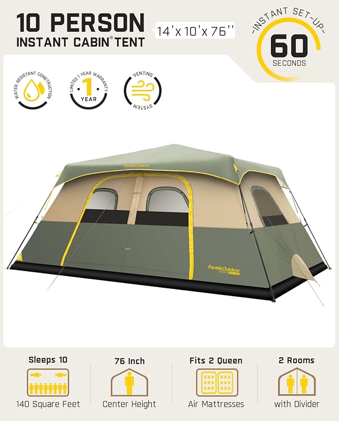 FanttikOutdoor Camping Tent 4/6/8/10 Person Instant Cabin Tent Setup in 60 Seconds with Rainfly &amp Windproof Portable with Carry Bag for Family Camping &amp Hiking Upgraded Ventilation