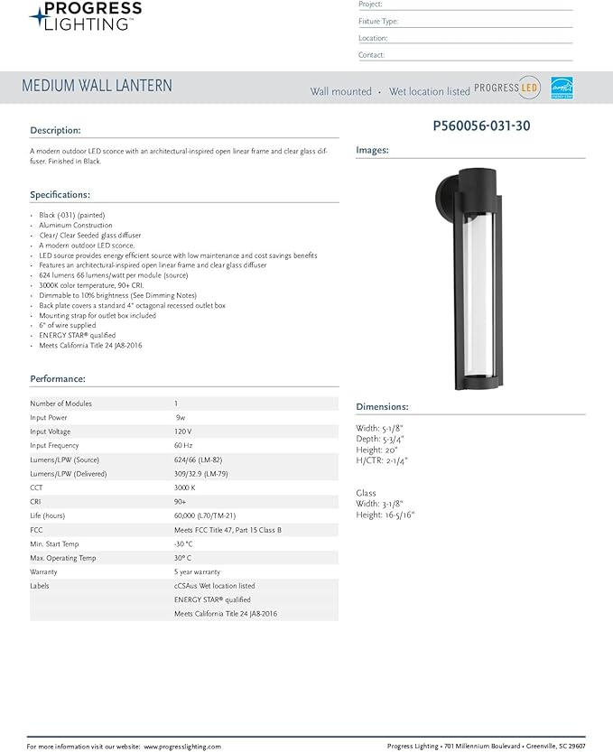 Progress Lighting Z-1030 LED Collection 1-Light Clear Glass Modern Outdoor Medium Wall Lantern Light Textured Black 20.00x5.13x5.13