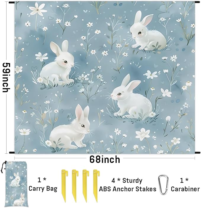 Waterproof Sandproof Beach Blanket 59''×68'' Garden Rabbit Polyester Outdoor Picnic Blanket with 4 Stakes &amp Storage Bag for BeachCampingVacation White