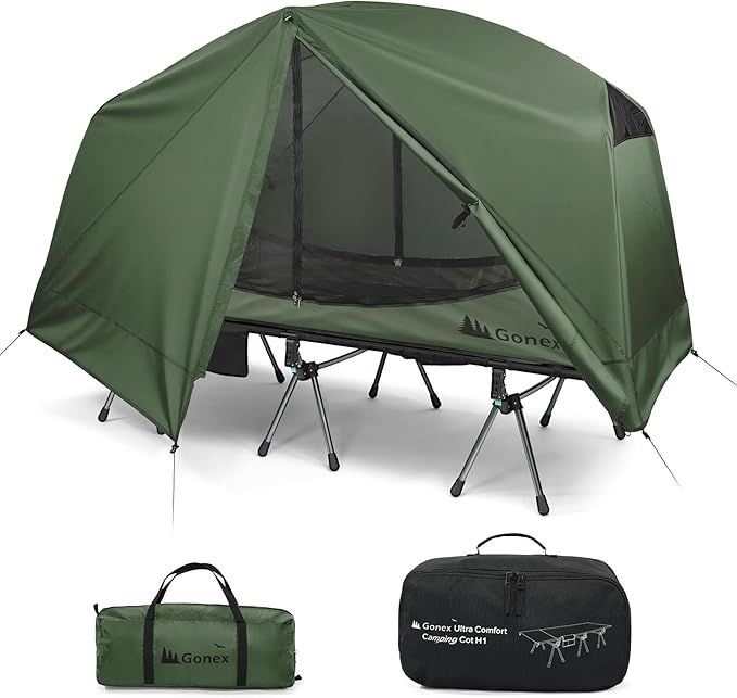 Gonex Camping Tent Cot for Adults 1-Person Off-Ground Folding Portable Easy Set-up Tent Cot Combo for Hiking Backpacking Car &amp Motorcycle Camping(31.5 W X 78.7 L)-Army Green