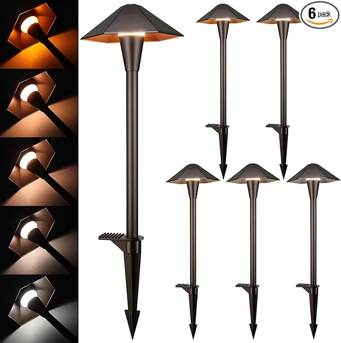 LEONLITE 5CCT Low Voltage Pathway Lights LED Landscape Path Lights 1800/2700/3000/4000/5000K Hexagon Head 12-24V AC/DC IP65 Outdoor Walkway Light Oil Rubbed Bronze Aluminum Pack of 6