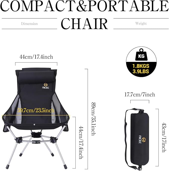 Nice C Ultralight High Back Folding Camping Chair Collapsible Backpacking Chair Compact &amp Heavy Duty Outdoor Travel Picnic Festival with 2 Side Pockets Pillow &ampCarry Bag (One Black)