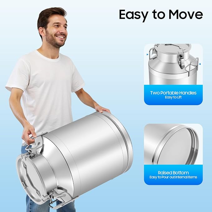 Stainless Steel Milk Can 50L/13.2Gal Metal Airtight Canister Food Storage Container with Lid &amp Clamps Bean Rice Cereal Storage Bucket for Kitchen Restaurant W15*H21.3in