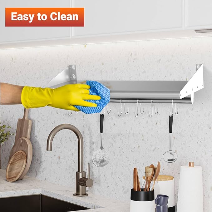 Skyflame 12 x 36 Wall Shelf with 6 Hanging Hooks for Storage Stainless Steel Commercial Shelving with Side Guards for Bar Utility Room Kitchen Garage