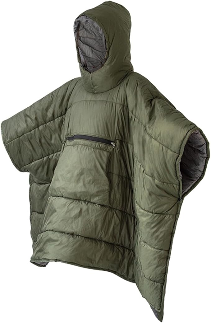 Portable Self-Folding Cotton Blanket Camping Warm Poncho Sleep Bag Outdoor Warm Wearable Cloak with Large Pockets