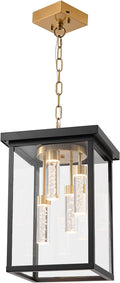 LOUSACE Modern LED Outdoor Pendant Light Black &amp Brass 4 Lights Large Exterior Hanging Light Fixtures 5CCT Dimmable LED Outdoor Chandelier Pendant Lantern with Clear Glass for Front Porch Entranc