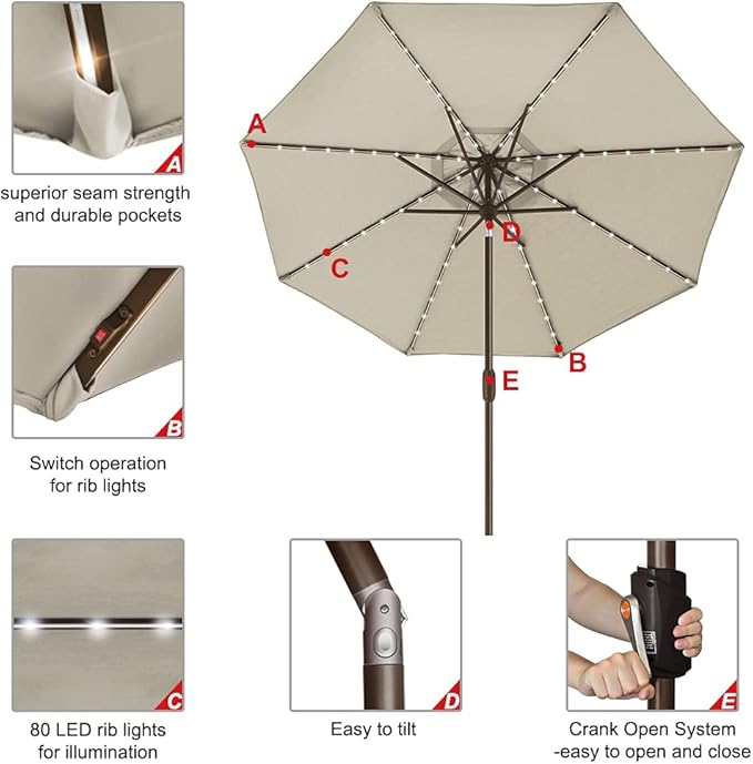 EliteShade USA 10-Year-Non-Fading Solar 9ft Market Umbrella with 80 LED Lights Patio Umbrellas Outdoor Table Umbrella with Ventilation Antique Beige
