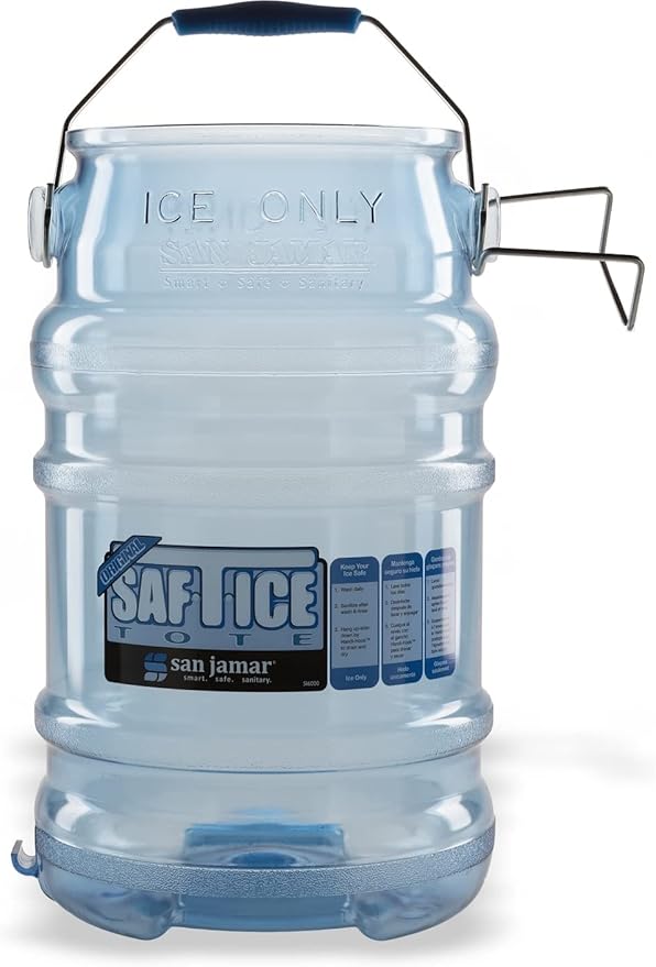 San Jamar Saf-T-Ice Plastic Ice Tote Ice Bucket with Drying and Storage Hook for Restaurants Bars Catering Events Buffets 6 Gallons Blue