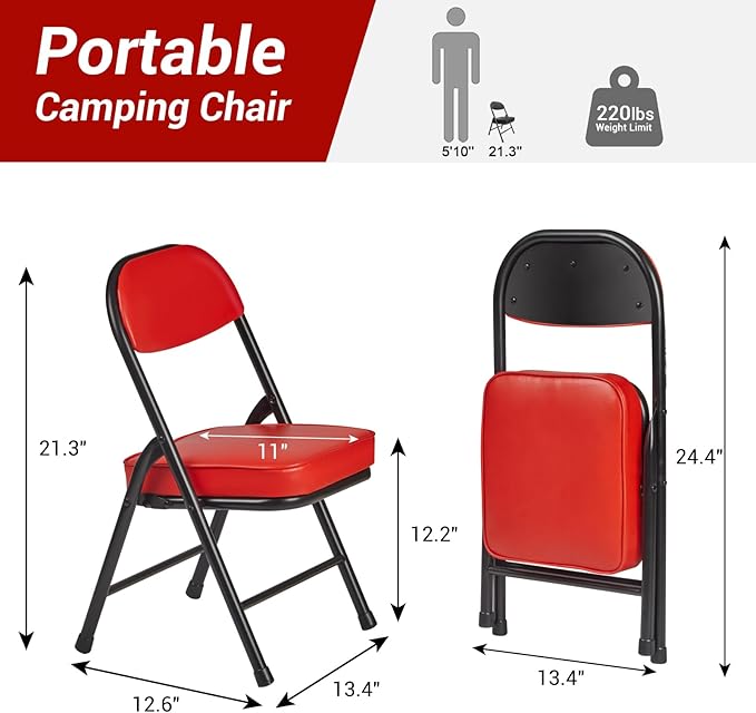 Mini Padded Folding Chairs Garage Stool Portable Camping Chair with Cushion Lightweight Lawn Chair for Outdoor Sports Events Patio Fishing Hiking Hunting Picnic Beach Red