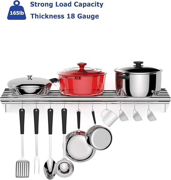 Floating Shelves for Wall NSF Commercial Wall Shelf 12 x 36 Shelf Pot Rack with Backsplash &amp 10 Hooks Stainless Steel Floating Shelves for Hanging Pots Pans Cookware