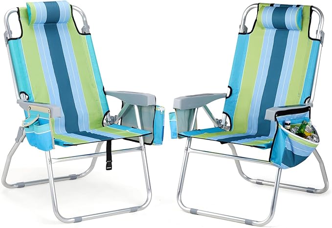 VINGLI 2 Pack Tall Beach Chair 16 with 5-Position Cooler Bag Cup Holders Towel Bar Lightweight Folding Beach Camping Chairs for Adults