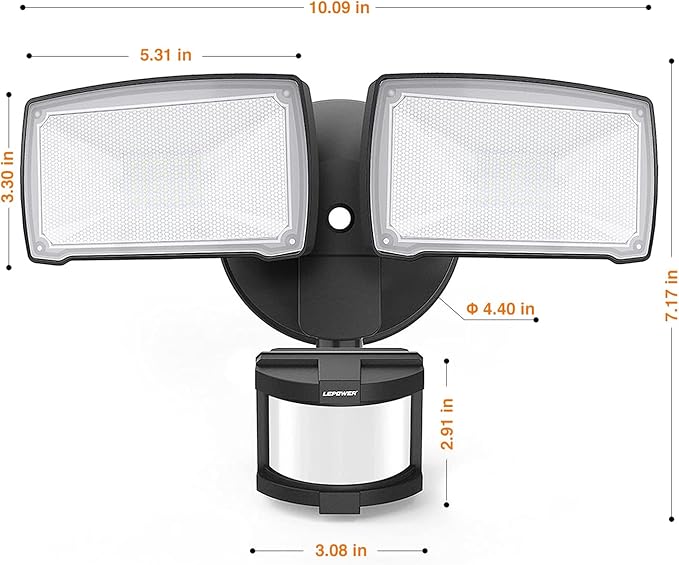 LEPOWER LED Security Lights Motion Sensor Light Outdoor 30W 3200LM Motion Security Light 5500K IP65 Waterproof 2 Head Motion Detector Flood Light for Garage Yard Porch Black (Not Solar Powered)
