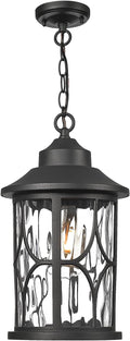 zeyu Modern Outdoor Hanging Porch Light 14.6 Inch Outdoor Pendant Lights for Porch Die-Cast Aluminum with Clear Water Ripple Glass Black Finish ZX48MH-WG BK