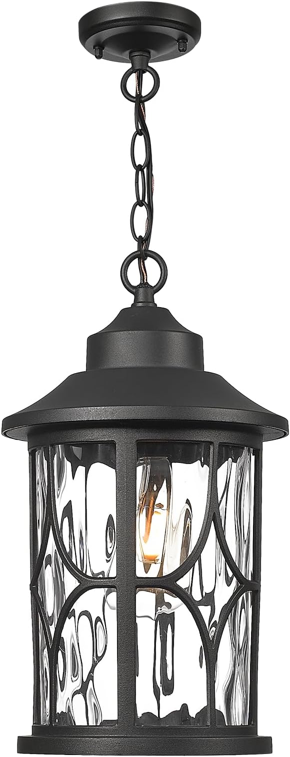 zeyu Modern Outdoor Hanging Porch Light 14.6 Inch Outdoor Pendant Lights for Porch Die-Cast Aluminum with Clear Water Ripple Glass Black Finish ZX48MH-WG BK