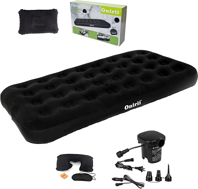 Twin Size Single Camping Air Mattress Bed with Air PumpInflatable Travel Air MattressThickened Portable Blow Up Sleeping Bed Pad for Truck Tent Camping/Home/Hiking(Black)